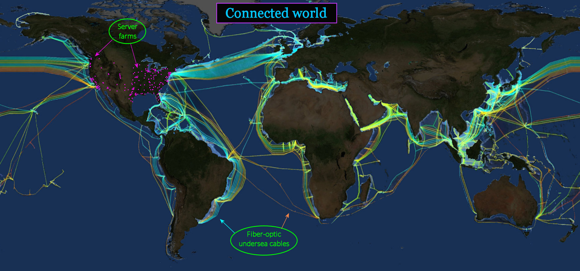 Internet, fiber-optic cables, 2020s map